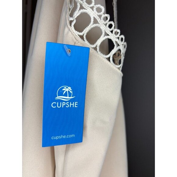 CUPSHE NEW Sunshine Vibes Neutral Mini Dress Womens L Beige Halter Tie Bridal - Picture 11 of 11